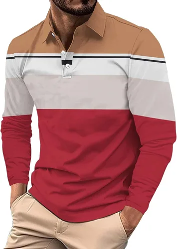 Vista 12 de Camisas polo de manga larga con estampado a rayas para hombre, camiseta de golf para exteriores, cuello en V, camiseta clásica de negocios