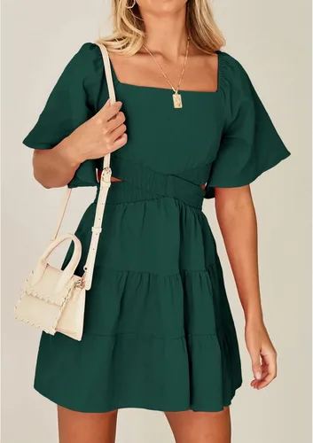 Vista 4 de Shy Velvet - Vestido de verano para mujeres, cuello cuadrado, mangas cortas, cintura cruzada, mini vestido de fiesta casual