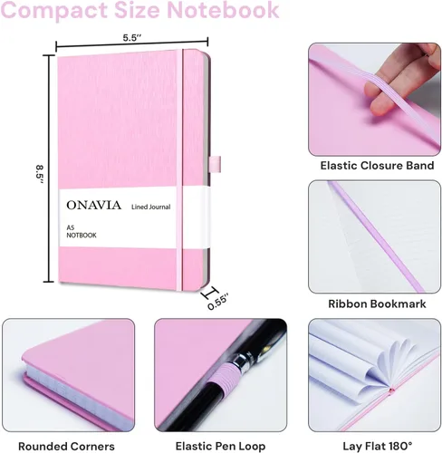 Vista 2 de ONAVIA Cuaderno rayado A5, cuaderno de notas con rayas universitarias de 7mm, diario para escribir, trabajo, escuela, viajes y toma de notas, tapa