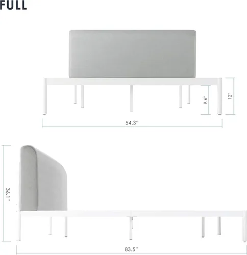 Vista 8 de Mellow BREE - Cama de plataforma de metal con cabecera curvada y tapizada, listones de acero, fácil montaje, gris cielo, tamaño matrimonial