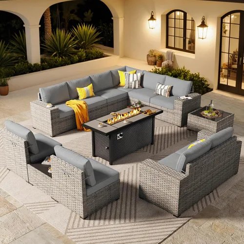 Vista 16 de ovios Juego de muebles de patio de 6 piezas, sofá seccional de mimbre para exteriores con mesa auxiliar, cómodos cojines, moderno sofá modular Beige