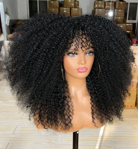 Vista 7 de Sweece - Peluca afro larga y rizada con flequillo para mujeres negras, peluca de cabello rizado de 17 pulgadas (17 pulgadas, negro)