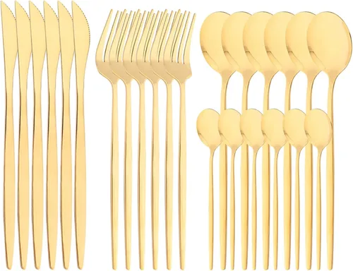 Vista 16 de Juego de cubiertos de acero inoxidable 18/0 con espejo, 24 piezas, incluye cuchillo, tenedor, cuchara, cucharadita, cubiertos para el hogar, Dorado