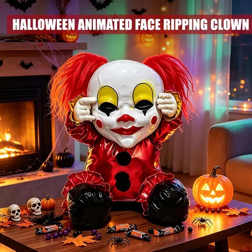 Vista 7 de Decoración animatrónica de Halloween payaso rasgando cara para casa