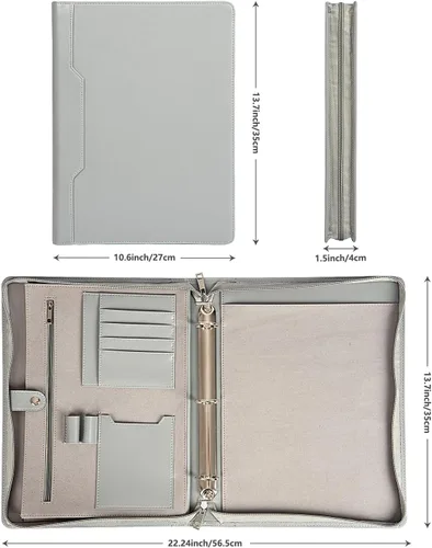 Vista 3 de AZXCG Carpeta de cuero con 3 anillos para mujeres y hombres, organizador de carpetas de negocios de cuero vegano con cremallera, soporte para bloc