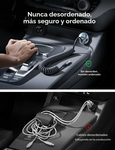 Vista 3 de LISEN - Cargador de coche con cable en espiral USB-C integrado de 36 pulgadas de 45 W, adaptador de encendedor de cigarrillos de carga rápida