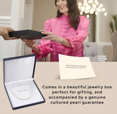 Vista 3 de The Pearl Source Juego de collar y aretes de perlas blancas de agua dulce para mujer, collar de hilo de perlas de oro de 14 quilates, collar