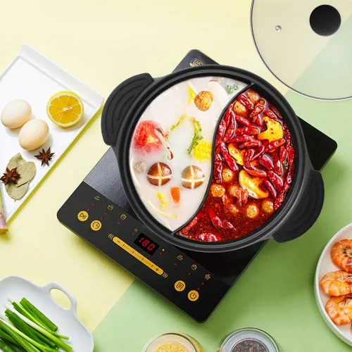 Vista 5 de Olla caliente con divisor para cocina de inducción de doble cara, olla de sopa de dos sabores china Shabu Shabu para fiesta en casa, reunión