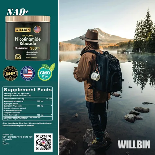 Vista 2 de Suplemento liposomal NAD+, 900 mg de ribósido de nicotinamida con resveratrol, energía antienvejecimiento y apoyo de enfoque para mujeres y hombres