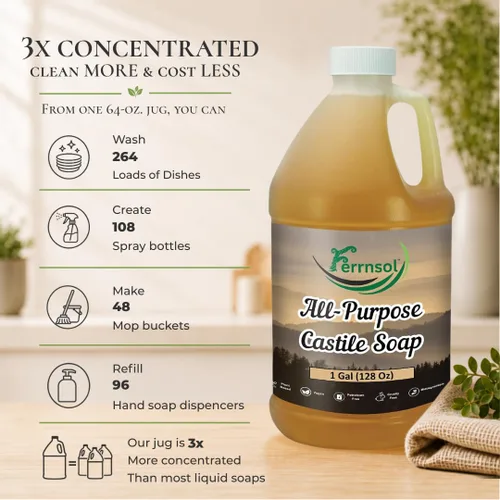 Vista 4 de Jabón Líquido de Castilla AP (1 Galón) – Sin Perfume, Libre de Fragancias, Recarga – Jabón Natural Multiusos para el Hogar, Manos y Más – Fórmula