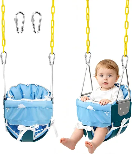 Vista 8 de Take Me Away Juegos de columpios para patio trasero, respaldo alto resistente, asiento de columpio para bebé totalmente ajustable con cadenas de Azul