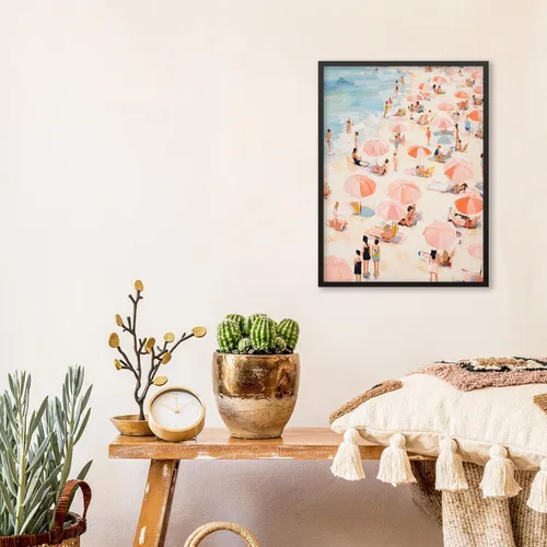 Vista 5 de Arte de pared costero de verano rosa pastel playero surfing pósteres de vaquera, impresiones en lienzo estéticas de 08 x 10 pulgadas, marco negro