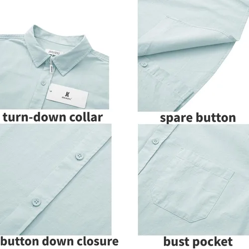 Vista 6 de Camisas casuales de lino con botones de manga corta para hombre, para playa, verano, cuello extendido, con bolsillo