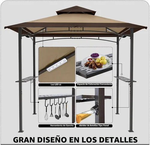 Vista 3 de MASTERCANOPY Gazebo de parrilla de 8 x 5 para exteriores, toldo con 2 luces LED (costuras marrones caqui)