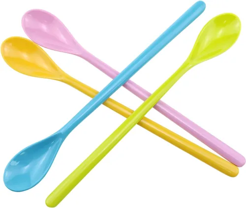 Vista 3 de VAKTOK 4 cucharas de café largas de plástico coloridas para helados, cócteles, cucharas de mezcla de mango largo de chocolate caliente