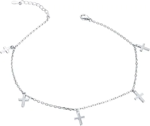 Vista 8 de Tobillera para mujer de plata de ley S925 estilo playa con capas ajustable, pulsera de tobillo con disco, ojo turco, corazón, infinito, cuenta