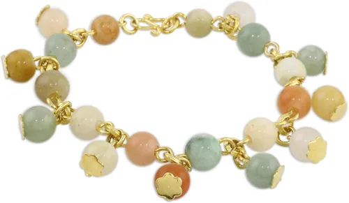 Vista 2 de NOVICA Pulsera de eslabones de cuarzo de jade chapada en oro hecha a mano de 18 quilates con cierre de gancho, latón multicolor, verde, piedra natal