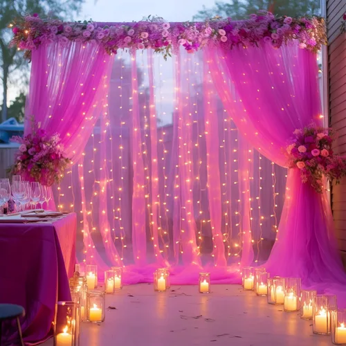 Vista 22 de Cortina de telón de fondo de tul negro de 10 x 10 pies con cadena de luces para fiestas, cortinas de fondo de fotos transparentes para bodas
