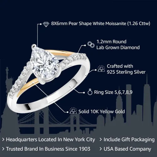 Vista 52 de Gem Stone King Anillo de compromiso de plata 925 y oro amarillo de 10 quilates, piedra natal con forma de pera de 0.315 x 0.236 in y diamantes