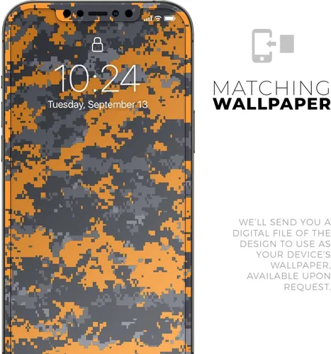 Vista 6 de DesignSkinz Kit de calcomanías de cuerpo completo compatible con iPhone 15 Plus, camuflaje digital naranja y gris