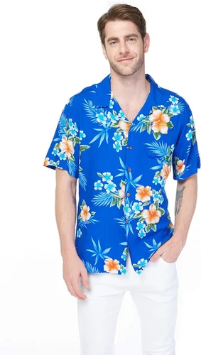 Vista 4 de Camisa hawaiana Luau o vestido maxi simple para parejas en azul hibisco