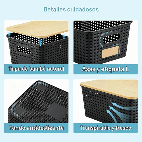 Vista 8 de Contenedores pequeños de plástico con tapas de bambú de 5.2 cuartos de galón, cesta apilable para despensa, contenedores decorativos lindos