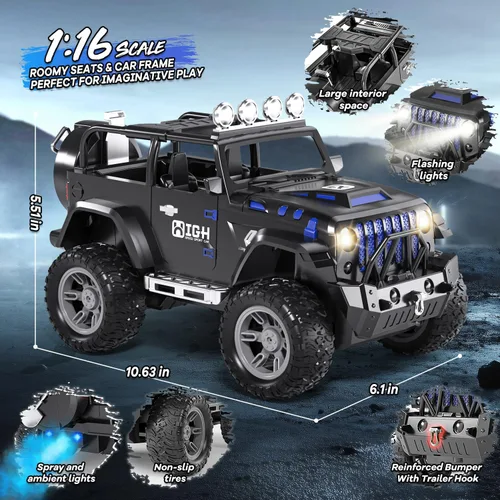Vista 4 de Auto de control remoto 1:16 con aerosol, luces y sonido, Jeep de control remoto de 2.4 GHz para niños, todo terreno, todoterreno, Jeep RC, juguete