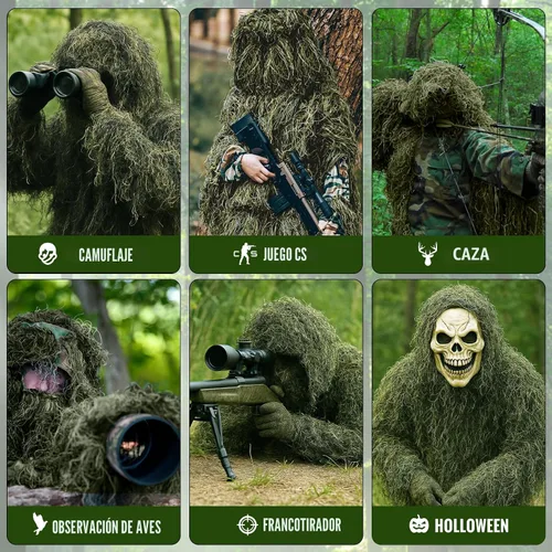 Vista 5 de Seeutek Traje Ghillie 5 en 1 – Trajes de caza de camuflaje 3D – chaqueta, pantalones, capucha, bolsa de transporte para adultos y jóvenes, M/L