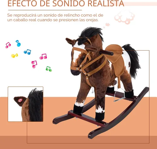 Vista 4 de Qaba Kids - Silla de montar de madera con peluche y mecedora con sonidos realistas, color marrón oscuro/blanco