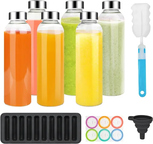 Vista 16 de PROBTTL Botellas de vidrio para jugo de 18 onzas con tapas, botellas de agua de vidrio transparente recargables con tapas herméticas de acero