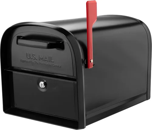 Vista 2 de Architectural Mailboxes 6300B-10 Oasis 360 Buzón de paquete con bloqueo, extra grande, negro y correo Boss 7121, poste de montaje negro en el suelo