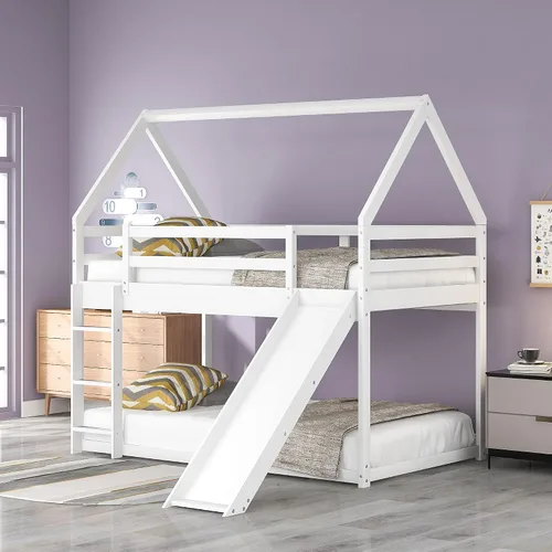 Vista 10 de Harper & Bright Designs - Litera de casa tamaño individual para niños con tobogán, marco de cama individual sobre individual, litera de madera