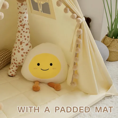 Vista 2 de WIRHAO Tienda de campaña tipi para niños con alfombrilla acolchada, lona de algodón, tipi con pompón para niños pequeños, tienda de campaña