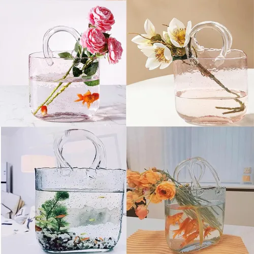 Vista 5 de Florero para flores, florero con asas, florero de cristal, bolsa de cristal, único para centros de mesa, decoración de mesa, decoración de boda