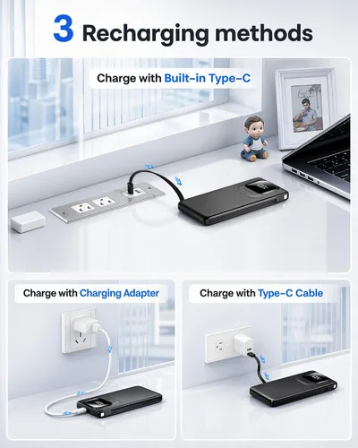 Vista 7 de Cargador portátil 10000mAh 22.5W Banco de carga rápida del Negro