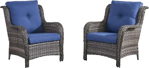 Vista 30 de HUMMUH Juego de 2 sillas de mimbre para patio, sillas de comedor de ratán de polietileno para exteriores, con cojines de asiento de 4 pulgadas