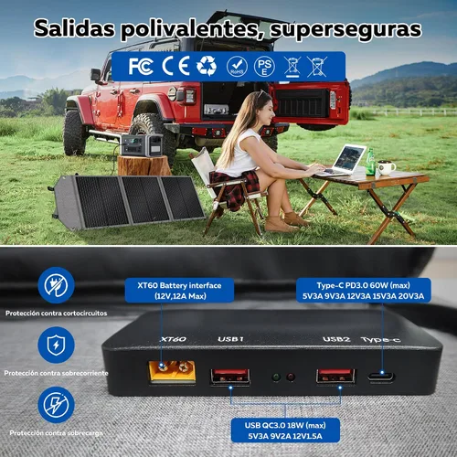 Vista 4 de Panel solar plegable portátil de 100 W, alta eficiencia, 23% con salidas USB-A/C y CC, IP68 impermeable y resistente al polvo diseño para camping