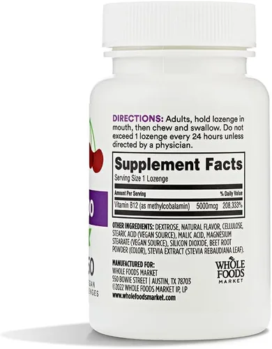 Vista 3 de 365 by Whole Foods Market, Metil B-12 5000Mcg Cereza, 60 pastillas