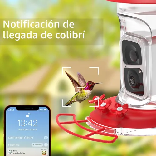 Vista 4 de Soliom Comedero de colibríes con cámara, comedero inteligente para pájaros con vista en vivo 2K, identificación de especies AI, a prueba de fugas