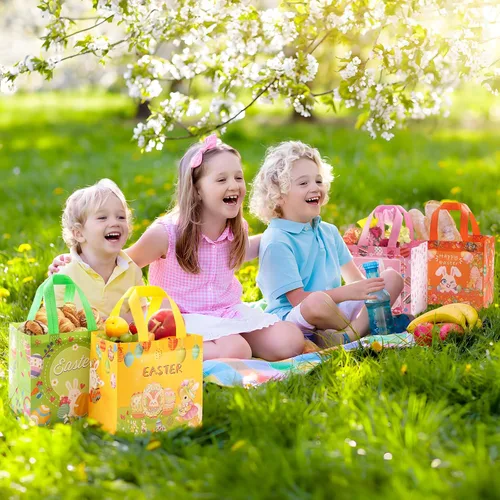 Vista 7 de YANGTE Paquete de 36 bolsas de regalo de Pascua, cestas de Pascua, bolsas de regalo no tejidas para niños con asa, suministros de fiesta