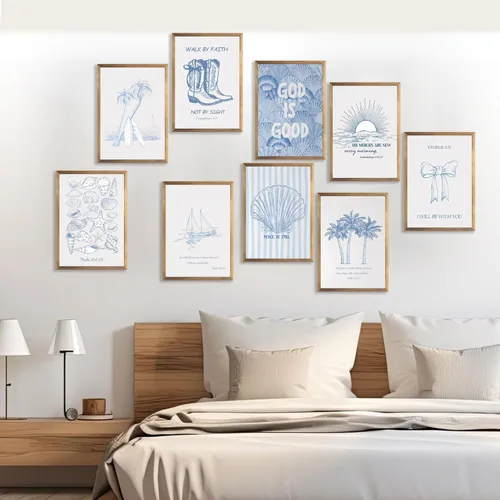 Vista 3 de 9 Piezas Arte de Pared Cristiano Costero Azul Pósteres de Conchas Marinas Versículos Bíblicos Inspiradores Océano Playa Estrella de Mar Palmera