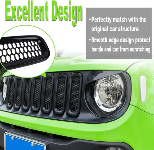 Vista 3 de YMT - 7 piezas de rejilla frontal de malla negra para Jeep Renegade 2015 2016 2017 2018