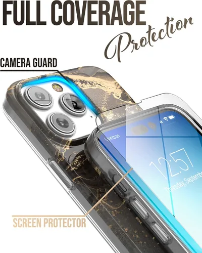 Vista 2 de ENCASED Funda para iPhone 14 PRO con correa de mano y protector de pantalla (anillo de mármol dorado)