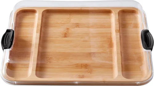 Vista 5 de FARBERWARE Tabla de cortar Build-a-Board con tres compartimentos y tapa de bloqueo transparente para charcutería, bocadillos y más, de acacia