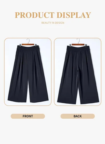 Vista 4 de Eytino Pantalones de pierna ancha para mujer, talla grande, casual, holgados, fruncidos, de cintura alta, pantalones palazzo (1X-5X)
