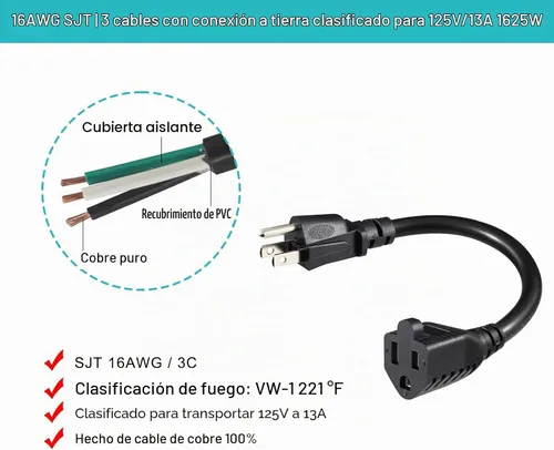 Vista 3 de [1 Pack] Cable de extensión de alimentación corto de 6 pulgadas - Cable de extensión de 3 clavijas mini negro para interiores con puesta a tierra