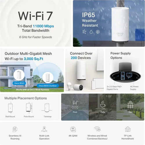Vista 3 de TP-Link Deco 7 Extensor de malla Wi-Fi 7 de tres bandas BE65 BE11000 para exteriores Hasta 3000 pies cuadrados, 2 puertos PoE+ de 2.5G