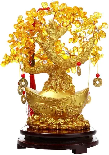 Vista 6 de Árbol del dinero de Feng Shui, árbol de la suerte de cuarzo amarillo, parte inferior con lingote dorado con base de sándalo giratoria, decoración