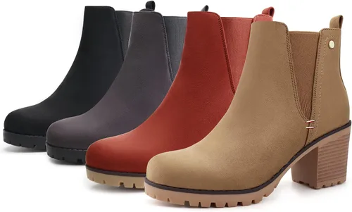 Vista 7 de JABASIC - Botines casuales de ante para mujer con tacón de bloque, botas de meter tipo Chelsea