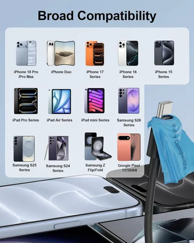 Vista 5 de Cable Carplay de coche para iPhone 18/18 Pro Max/17/16/15 Pro Max Cable cargador Negro
